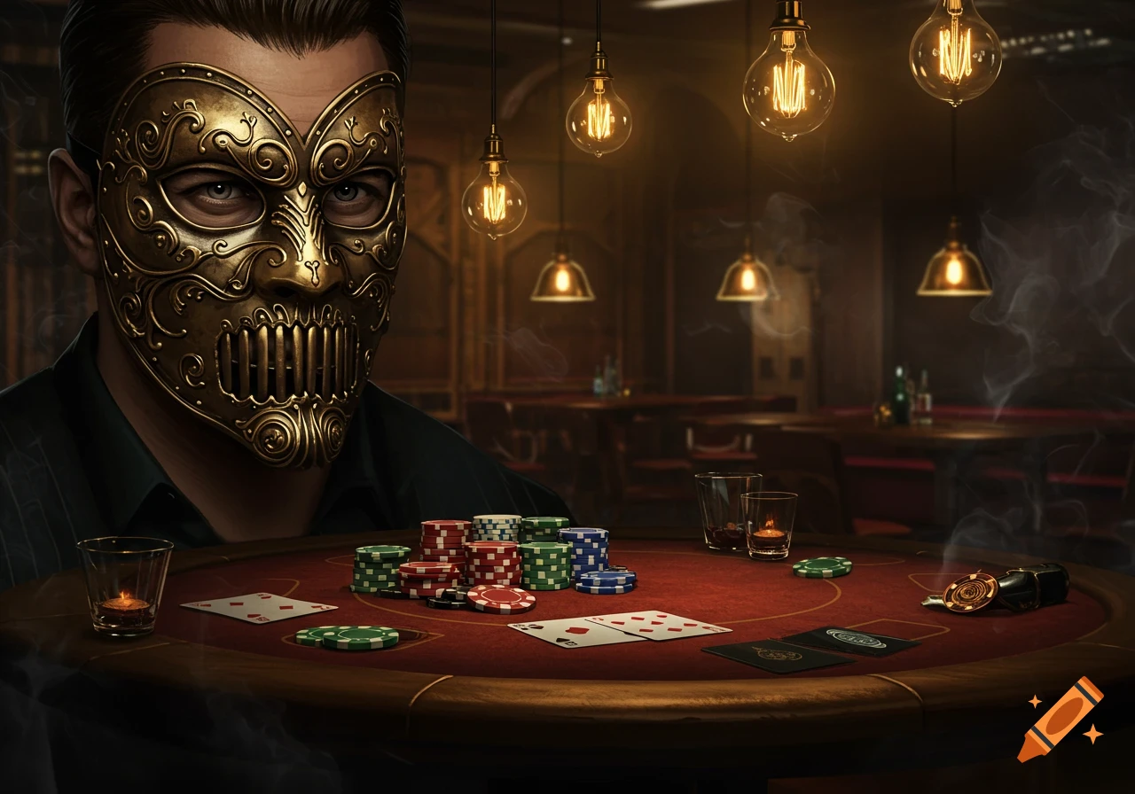 A man in a dark shirt and an ornate gold mask sits at a poker table with chips and cards under glowing Edison bulbs, with smoke in the air.