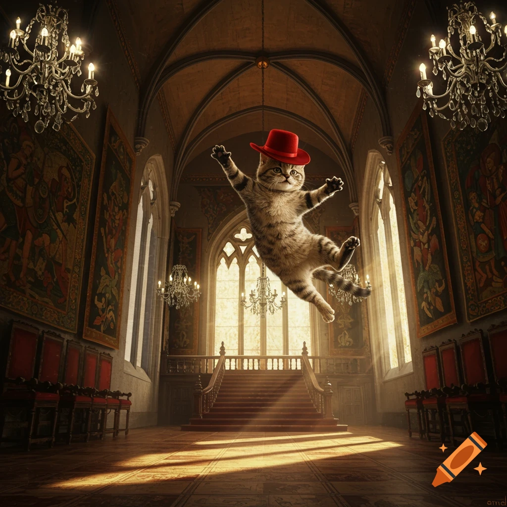 A tabby cat wearing a red hat jumps in the air within a grand, gothic castle hall with chandeliers and stained glass windows, lit by sunlight.