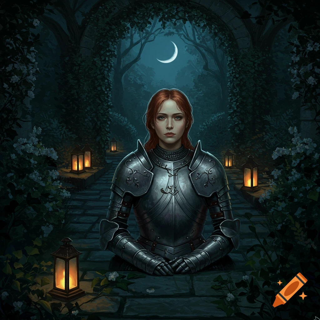 A red-haired lady knight sits in a dark, overgrown garden with lanterns and a crescent moon in a painted art style.