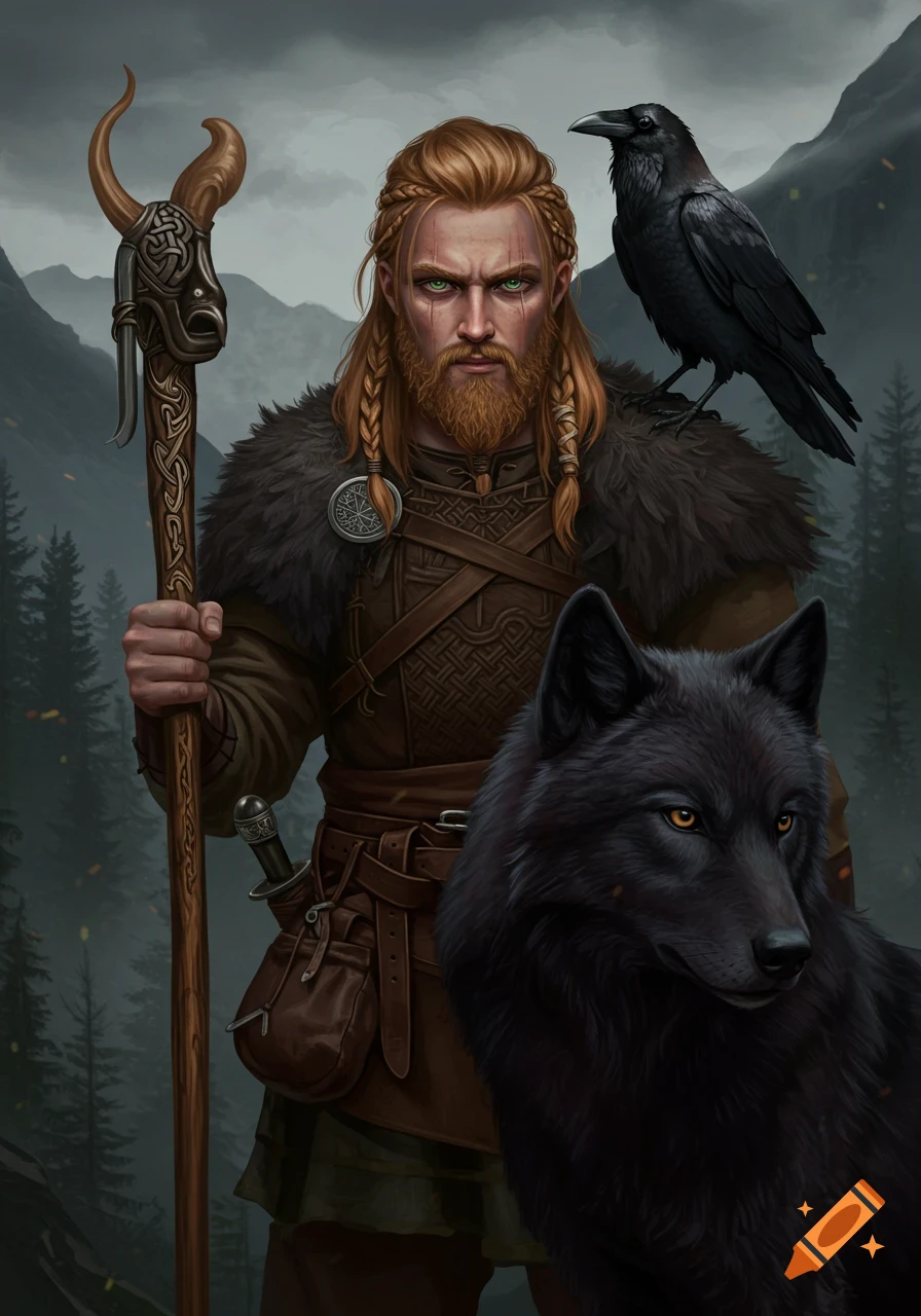 A rugged, red-haired man with a braided beard, green eyes, holding an ornate staff, with a black wolf and raven.