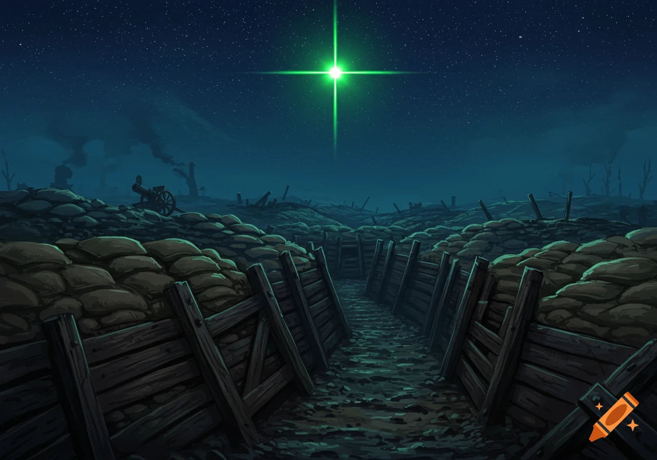 Stylized illustration of World War One trenches at night, illuminated by a bright green star in a starry sky.