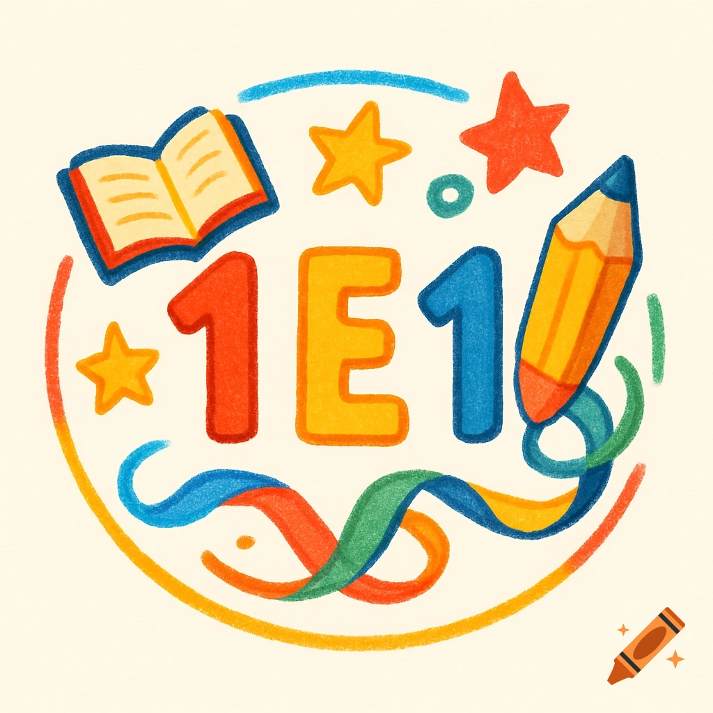 Colorful, hand-drawn style logo for "1 E 1" with a book, stars, pencil, and swirling ribbons in a circular frame.
