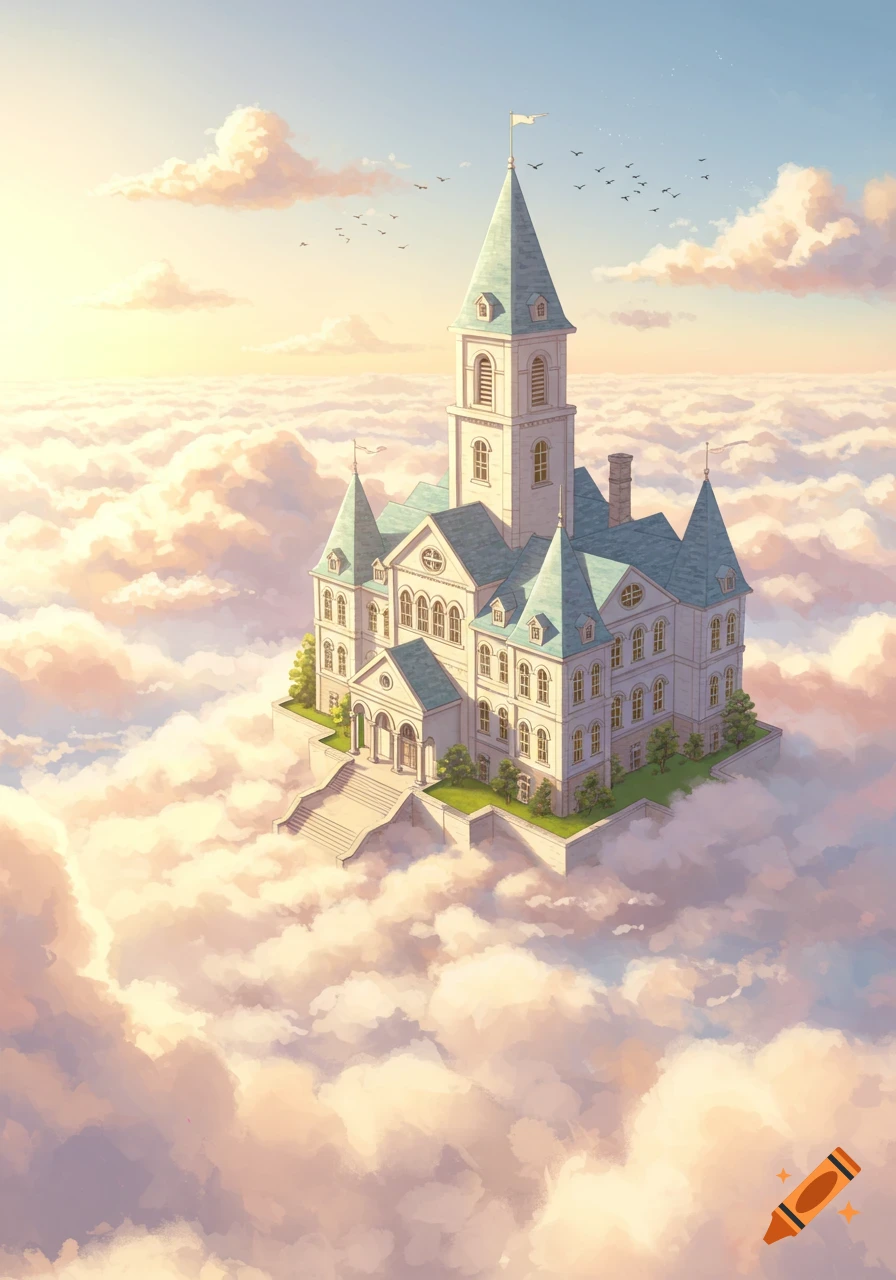 A grand white school building with teal roofs floats above a golden-hued cloudscape under a bright sky, with birds flying. Illustrated fantasy.