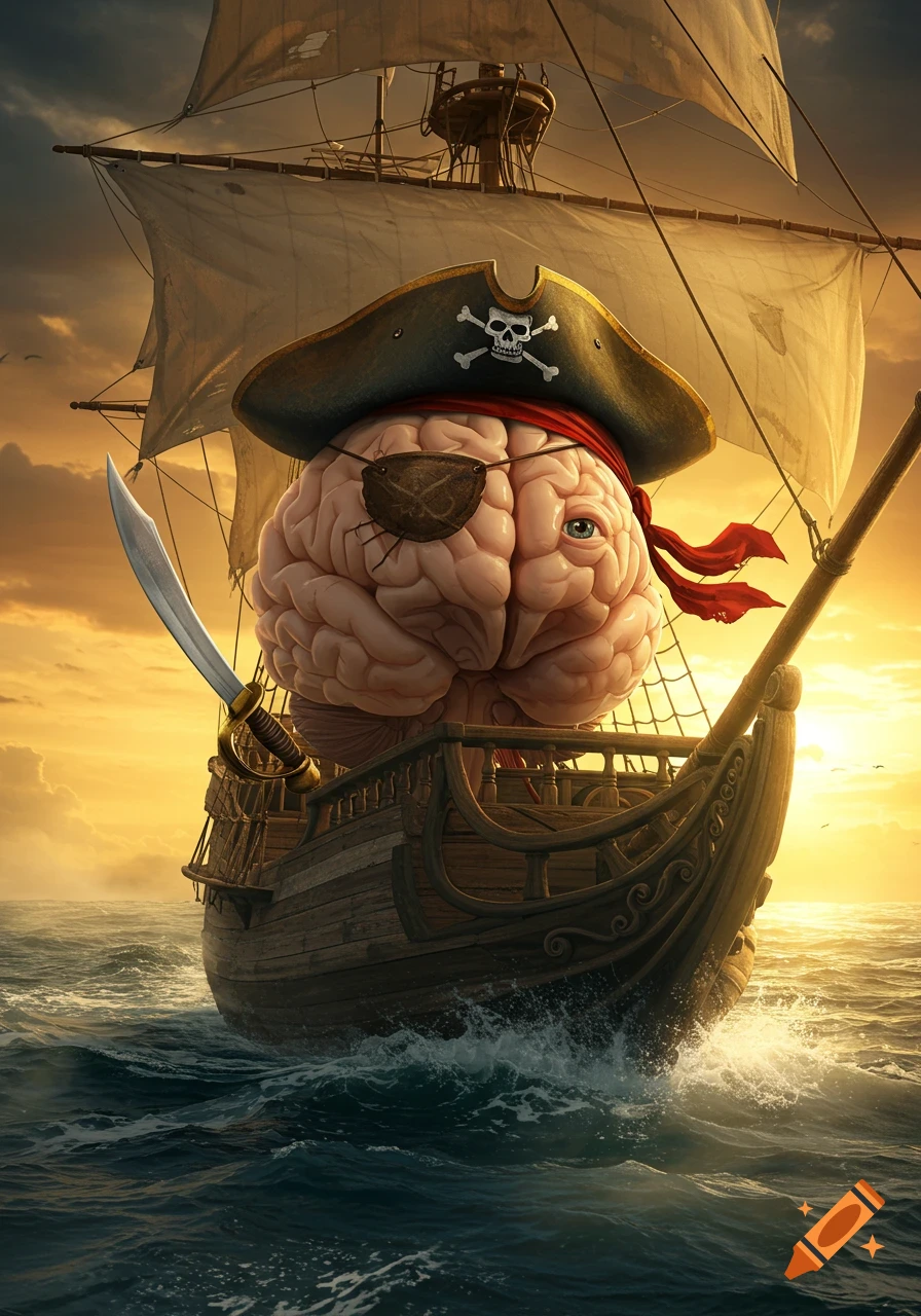 A stylized brain wearing a pirate hat, eyepatch, and red bandana, holding a cutlass, sails a pirate ship on a vast ocean at sunset.