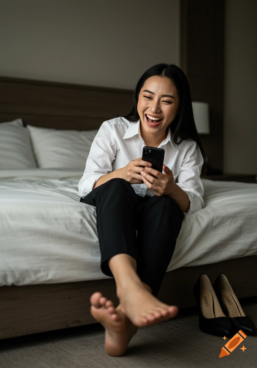 A black-haired woman in a business shirt and black pants sits barefoot on a bed, laughing at her phone. Black heels are on the floor.