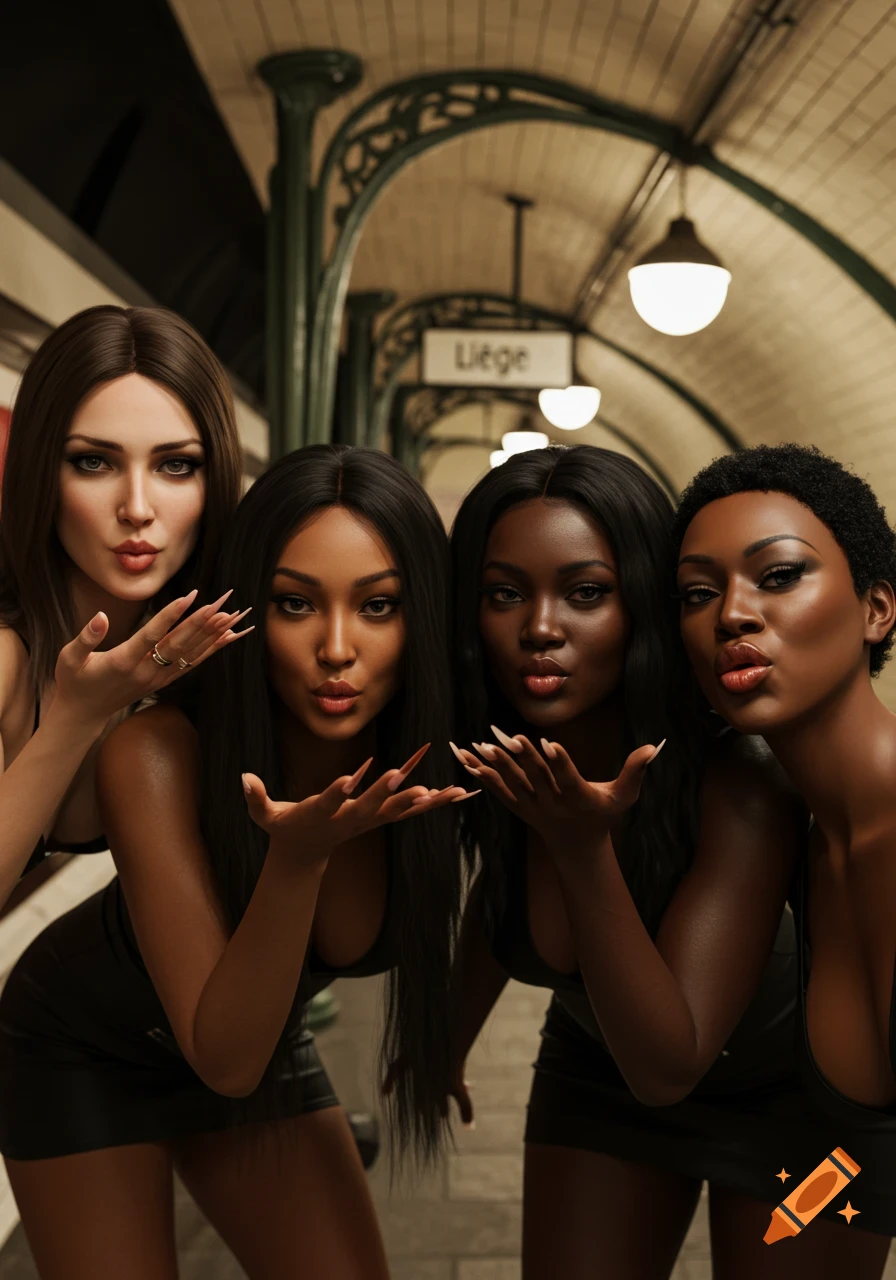 Four diverse women in black dresses blowing kisses in a photorealistic subway station.
