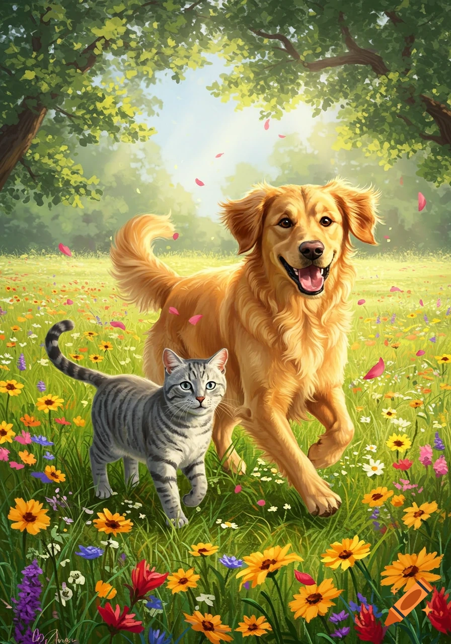 Illustrated golden retriever and tabby cat running through a vibrant wildflower meadow under trees.