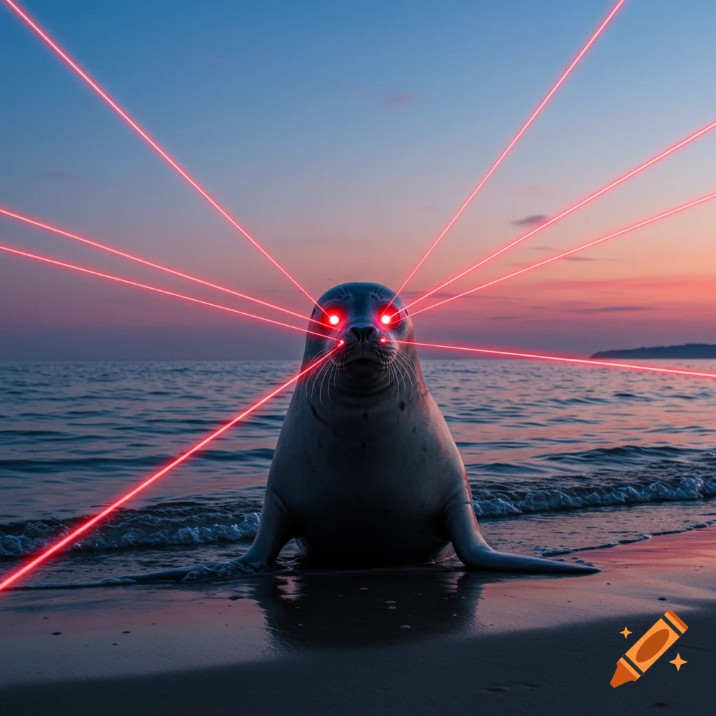 A photorealistic seal on a beach at sunset with glowing red laser beams shooting from its eyes.