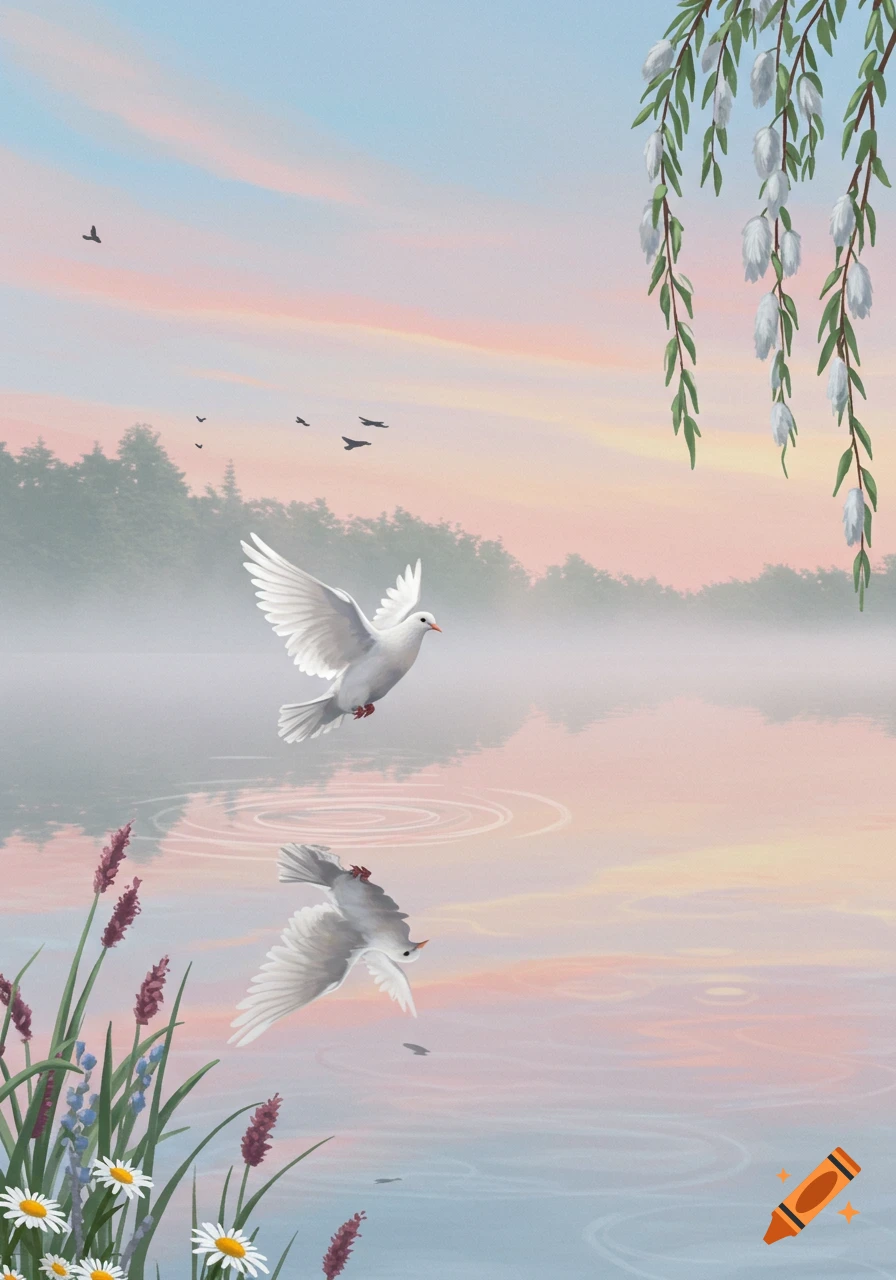 A white dove flies over a misty lake at sunset, with distant trees, an overhanging branch, and flowers in the foreground.