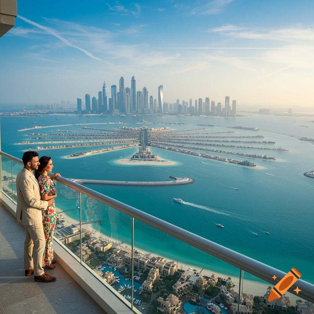 A couple on a high-rise balcony overlooks the expansive Dubai skyline and the Palm Jumeirah islands at sunset, with boats on the turquoise water.