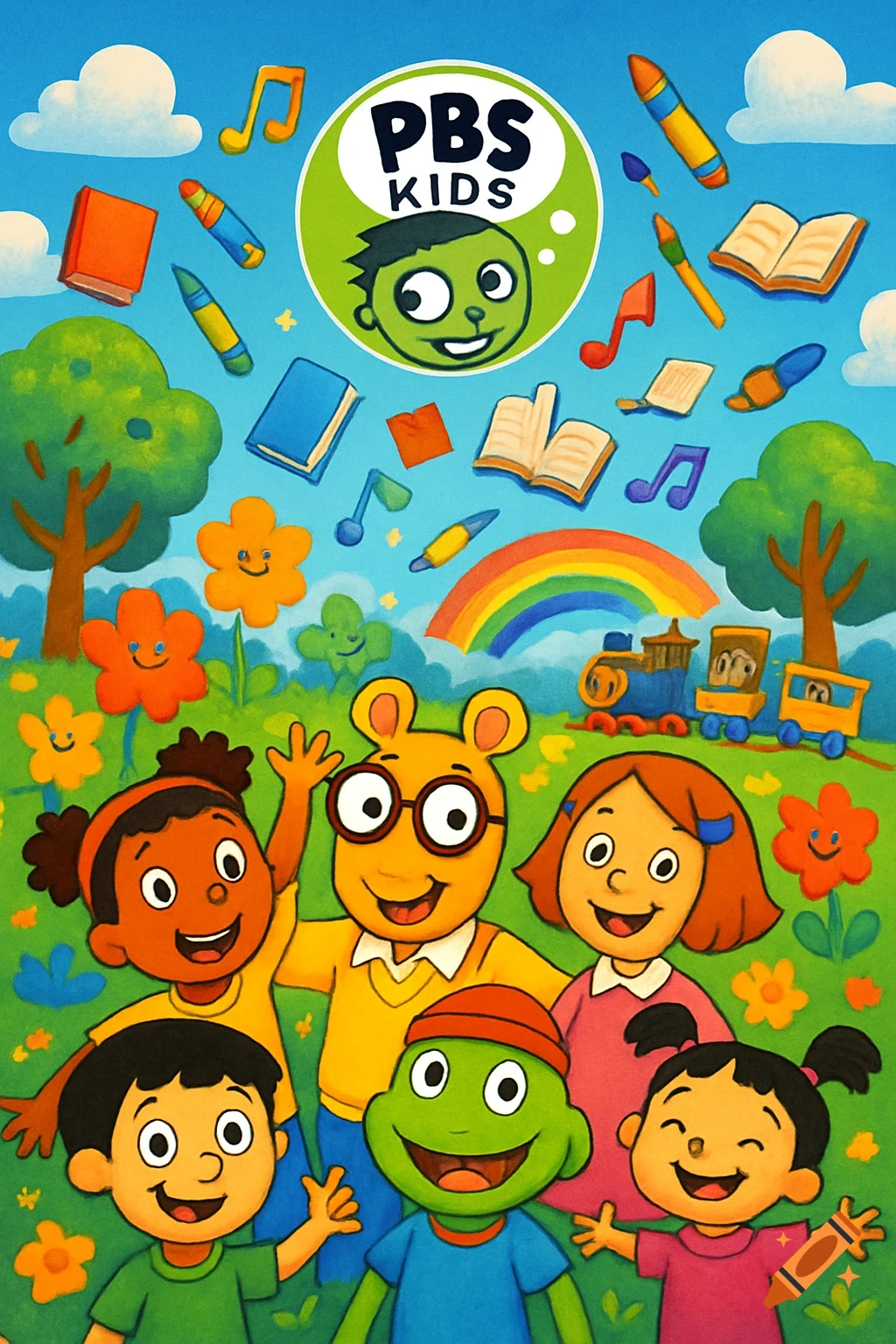 Colorful cartoon of PBS KIDS logo, Arthur, Buster, Francine, and other children waving in a sunny field with a rainbow.