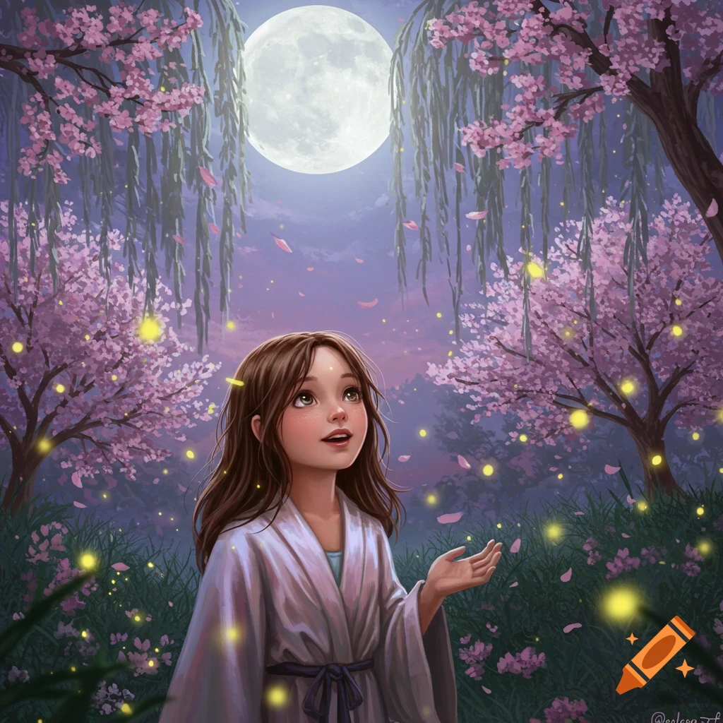 A young girl looks up at a full moon in a magical forest with pink cherry blossom trees and glowing fireflies.