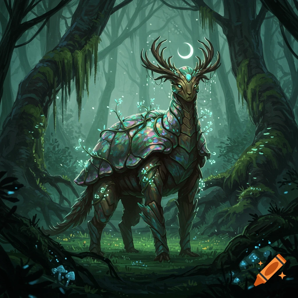 A majestic fantasy creature with an iridescent shell, glowing plants, and antlers with a moon, in a mystical forest.