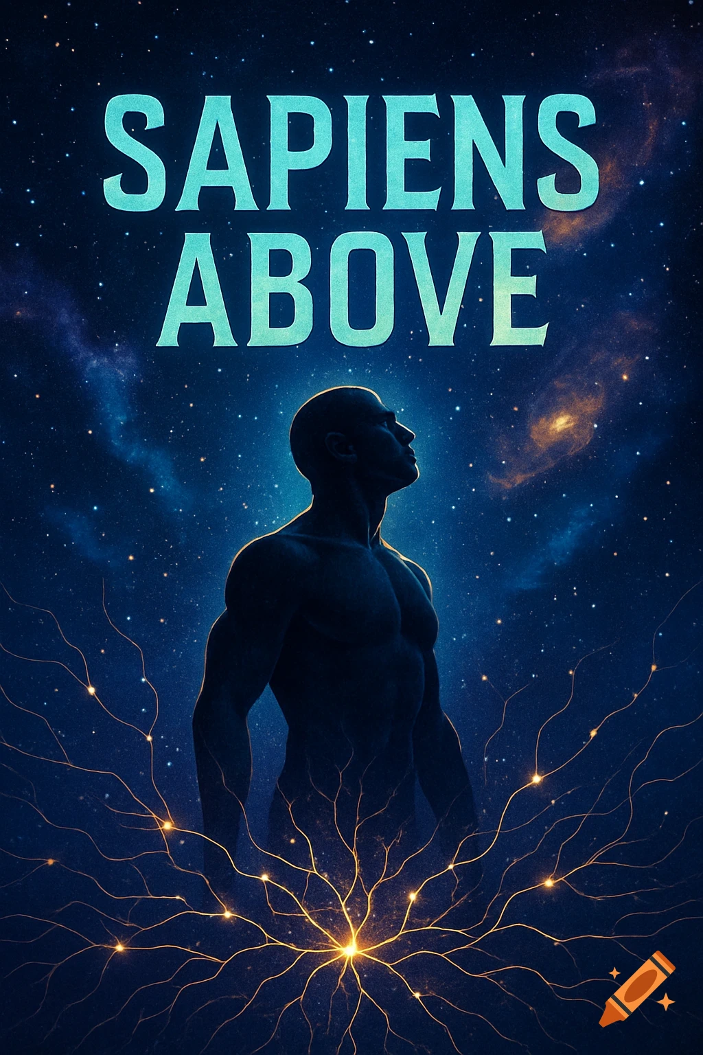 A silhouette of a muscular man looking up, with glowing tendrils, against a starry space background. Text: SAPIENS ABOVE.