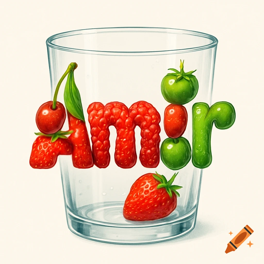 A clear glass contains fruits forming the name 'Amir', with a strawberry and cherry. Digital illustration.