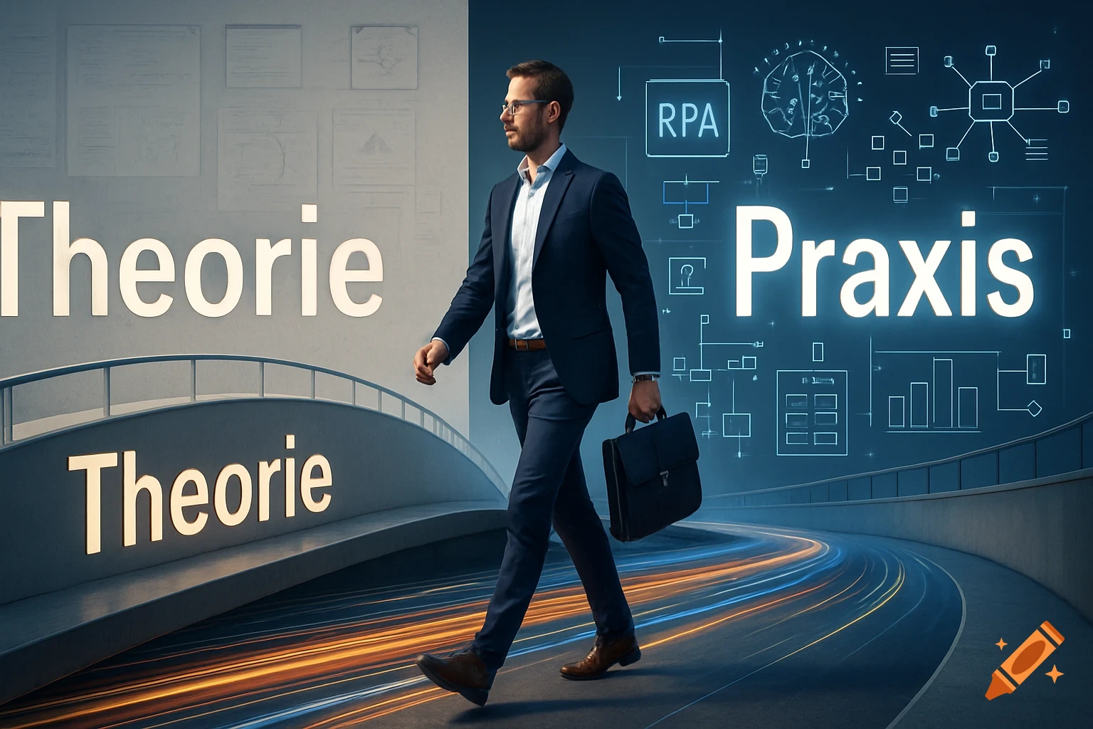 Businessman on a bridge from 'Theorie' to 'Praxis' with business diagrams, RPA, and glowing data streams. Photorealistic.
