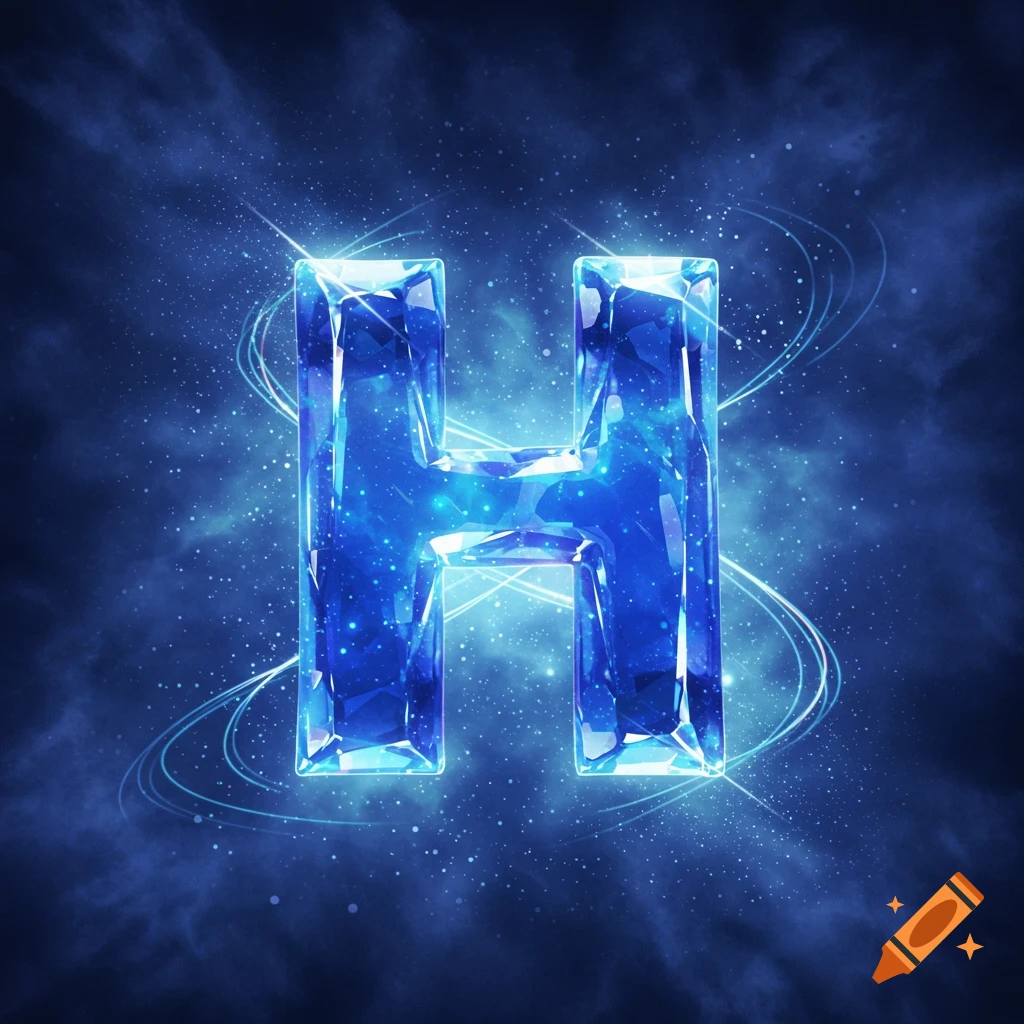 A glowing blue crystalline letter H sparkles with light against a dark, ethereal, starry background with wisps of nebula.