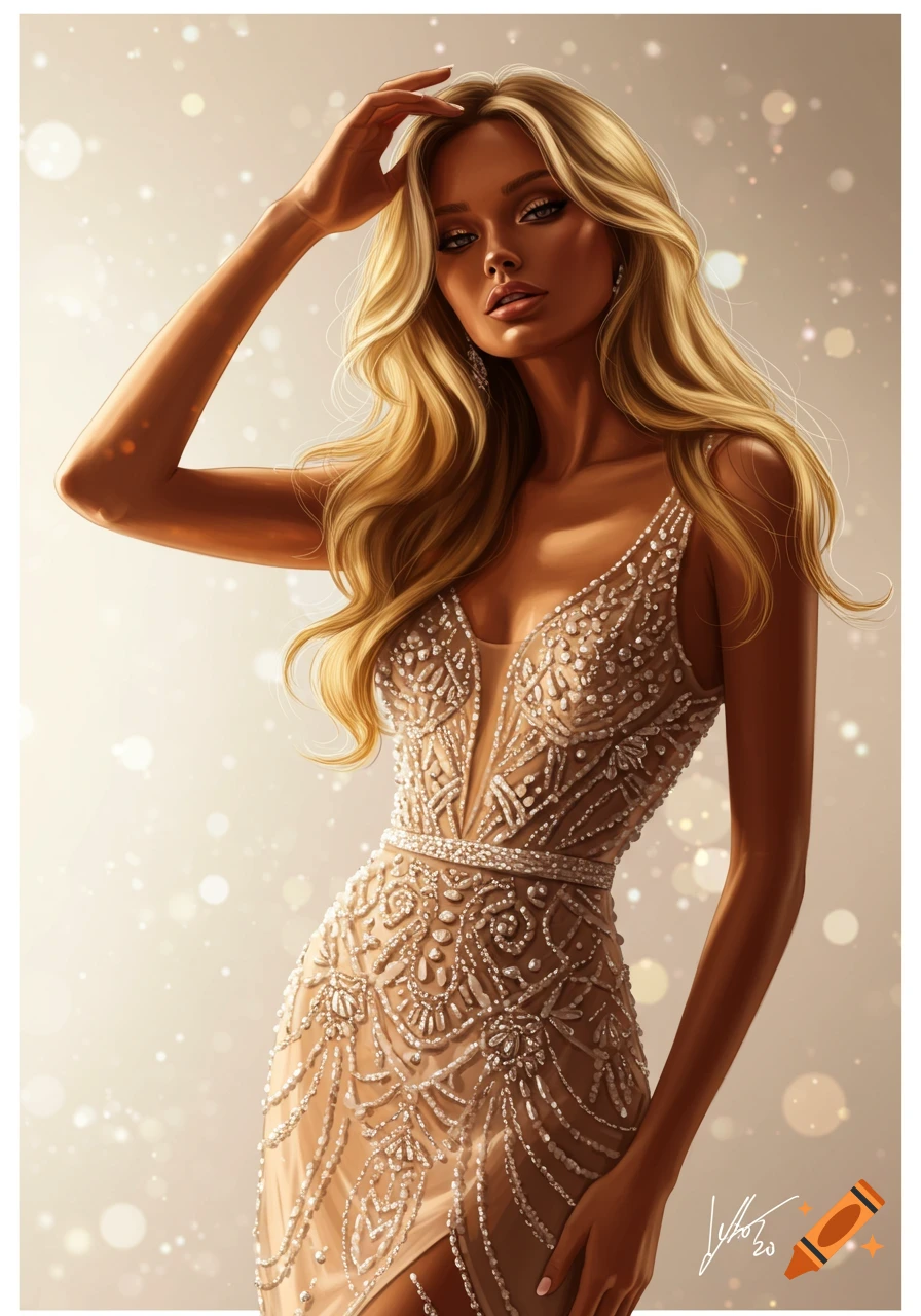 A beautiful woman with long blonde hair in a sparkling, beaded gown poses against a bokeh background in a digital art style.