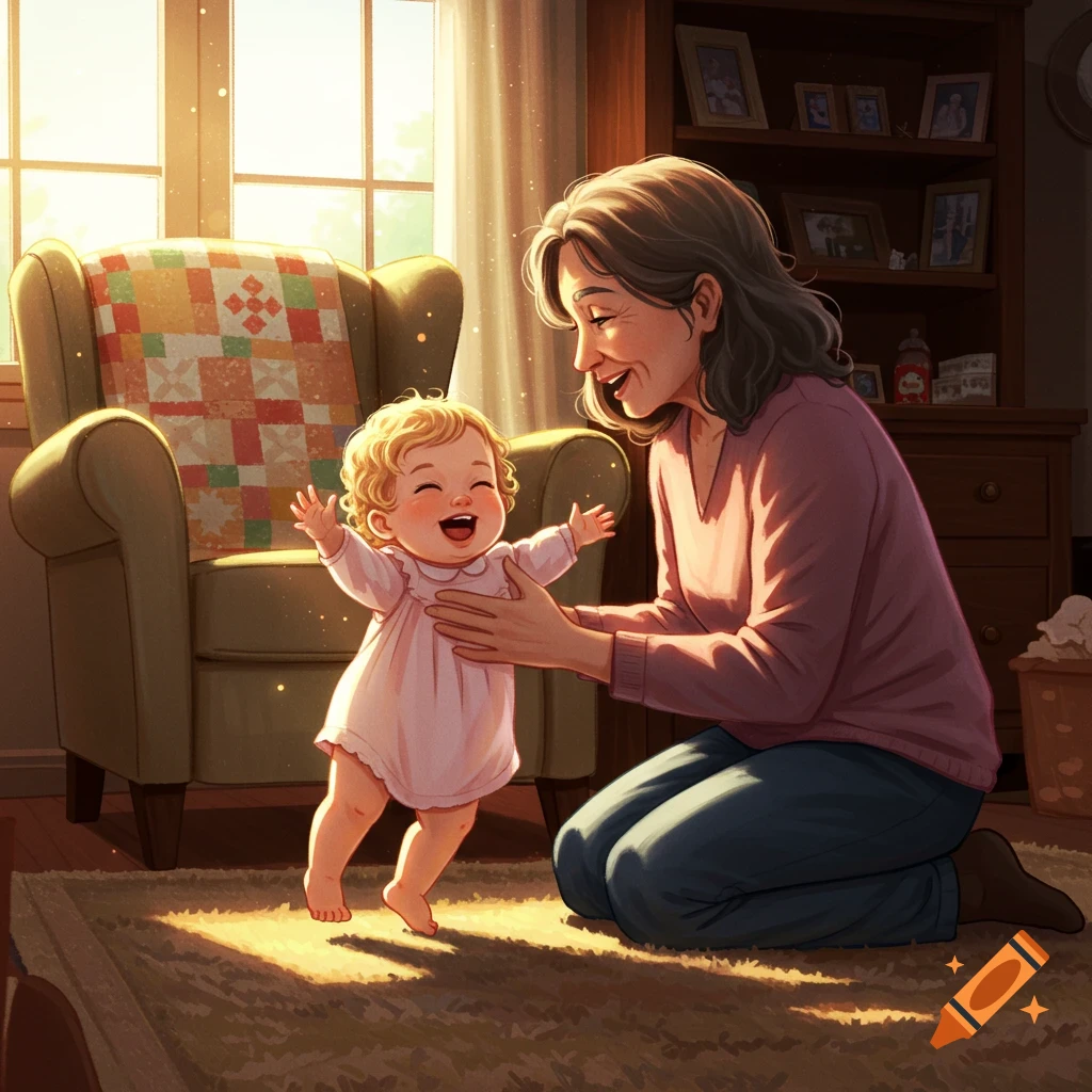 A joyful baby girl taking her first steps, held by her smiling grandmother in a warm, sunlit room, illustration.