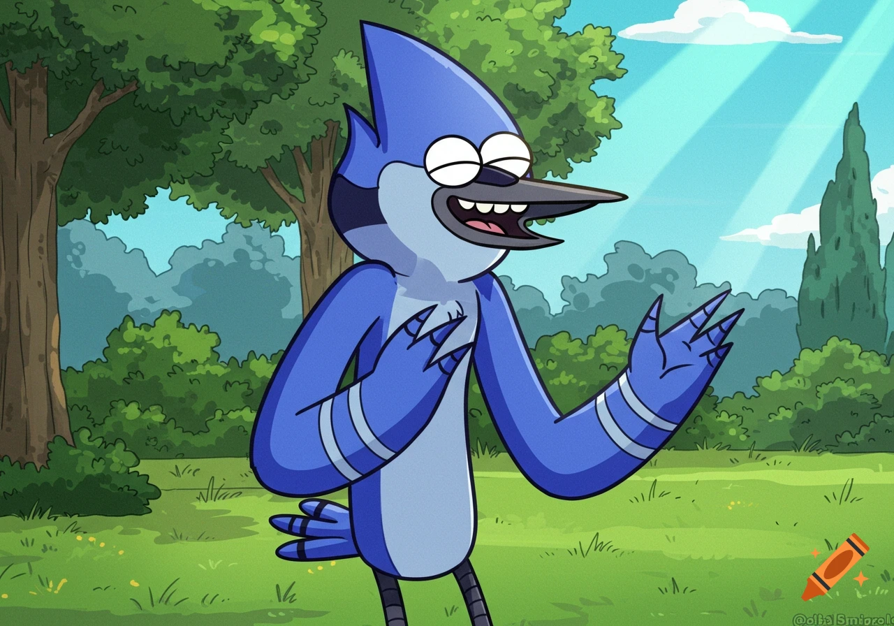 Mordecai the blue jay, a cartoon character from Regular Show, smiling with his hands on his chest in a green park.