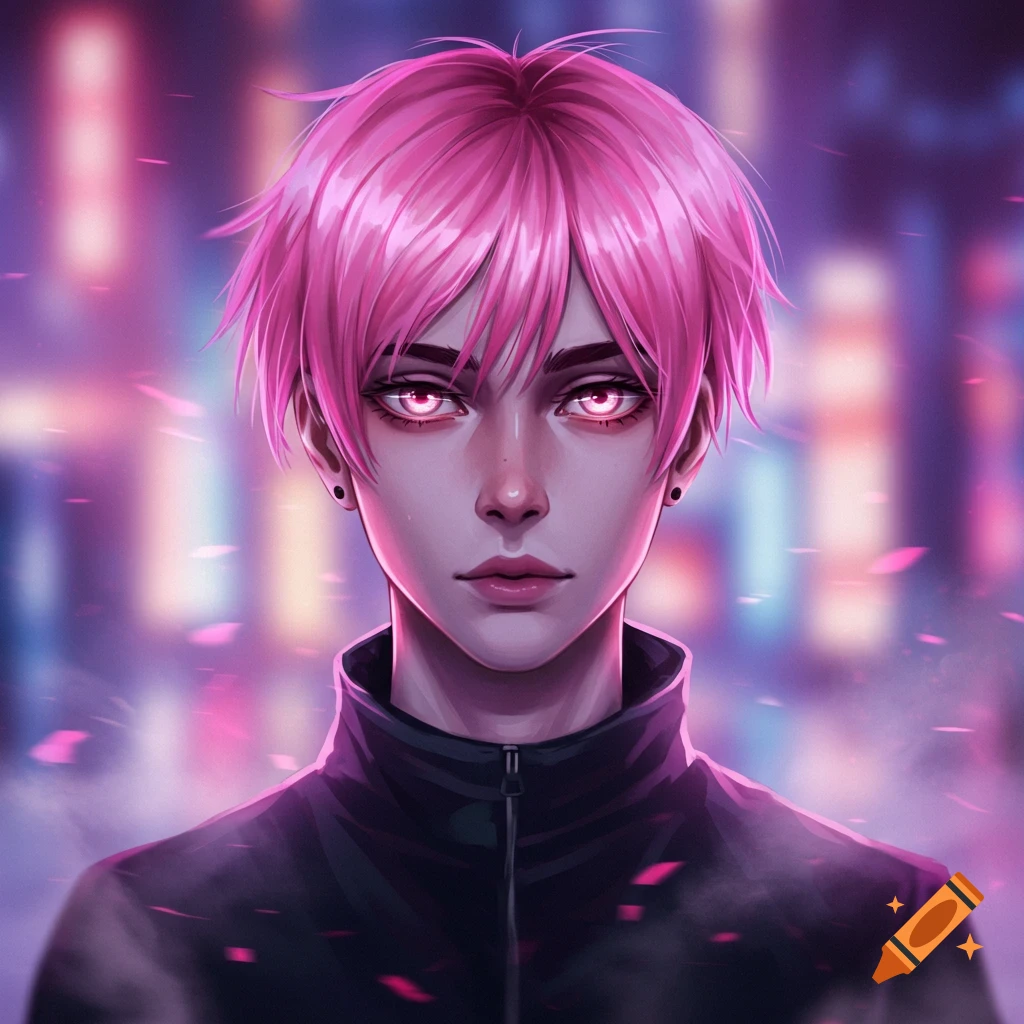 Close-up anime portrait of a young man with short pink hair and glowing pink eyes, wearing a black jacket, against a blurred neon city background.