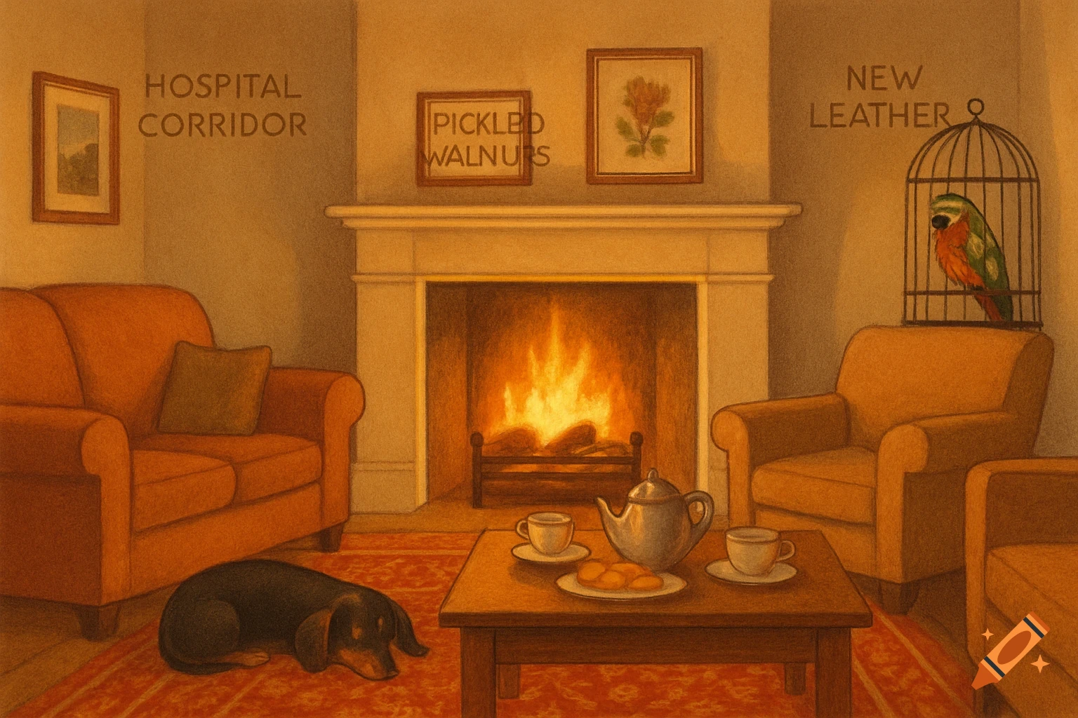Cozy living room illustration with a fireplace, orange furniture, sleeping dachshund, parrot in cage, and text labels on wall.