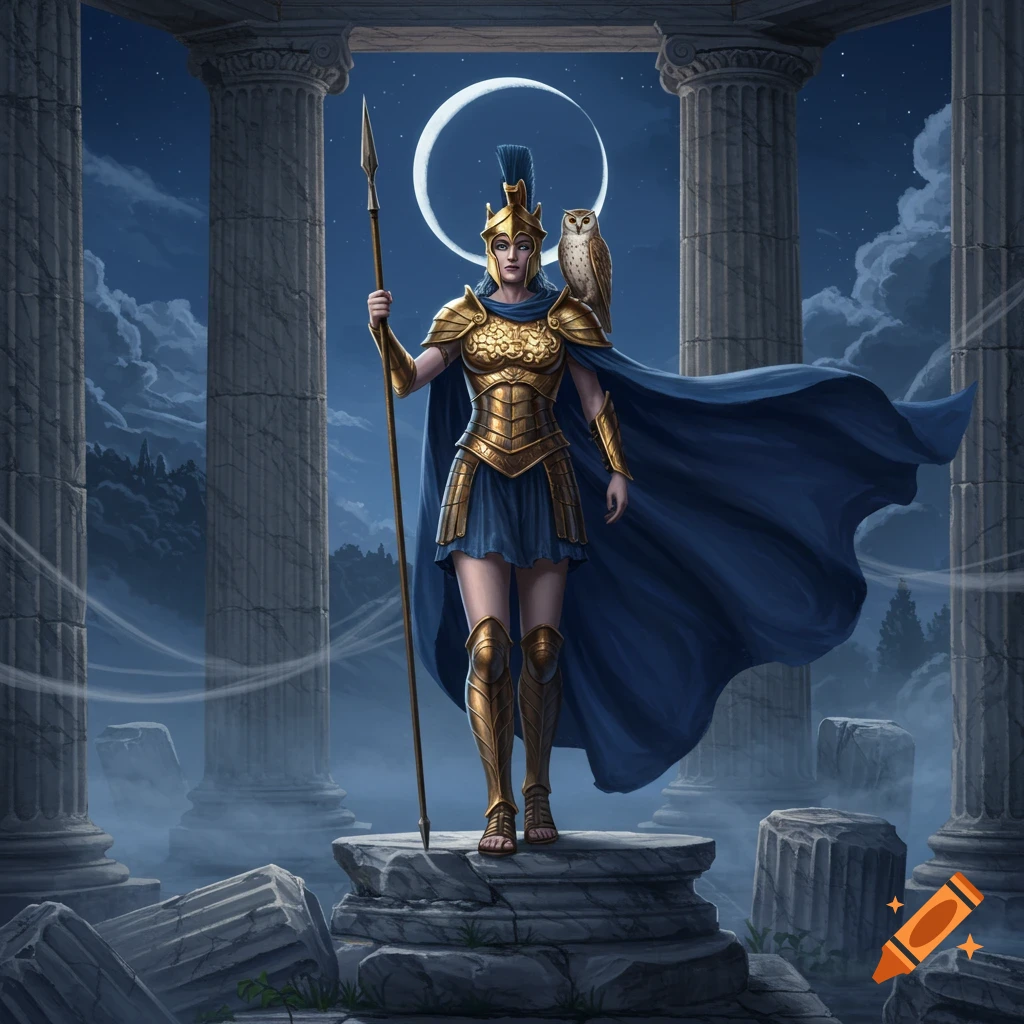 Athena in golden armor and blue cloak stands with an owl on her shoulder, holding a spear among ancient ruins under a crescent moon. Fantasy art style.