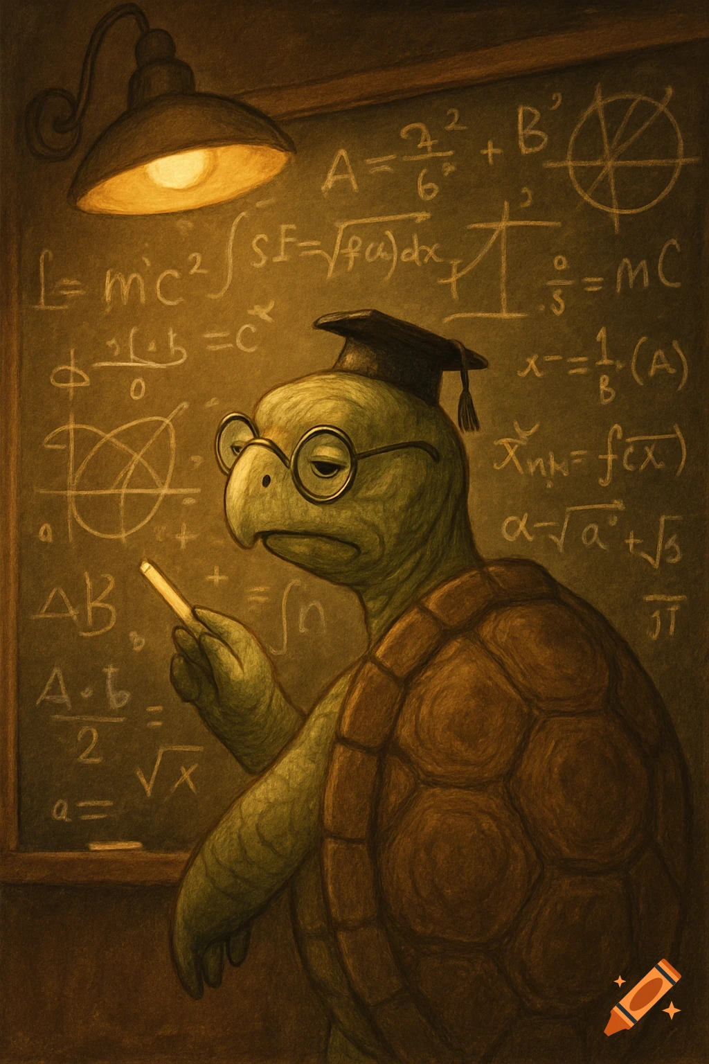 A serious-looking turtle wearing a graduation cap and glasses holds a piece of chalk in front of a blackboard covered in mathematical equations. Stylized illustration.