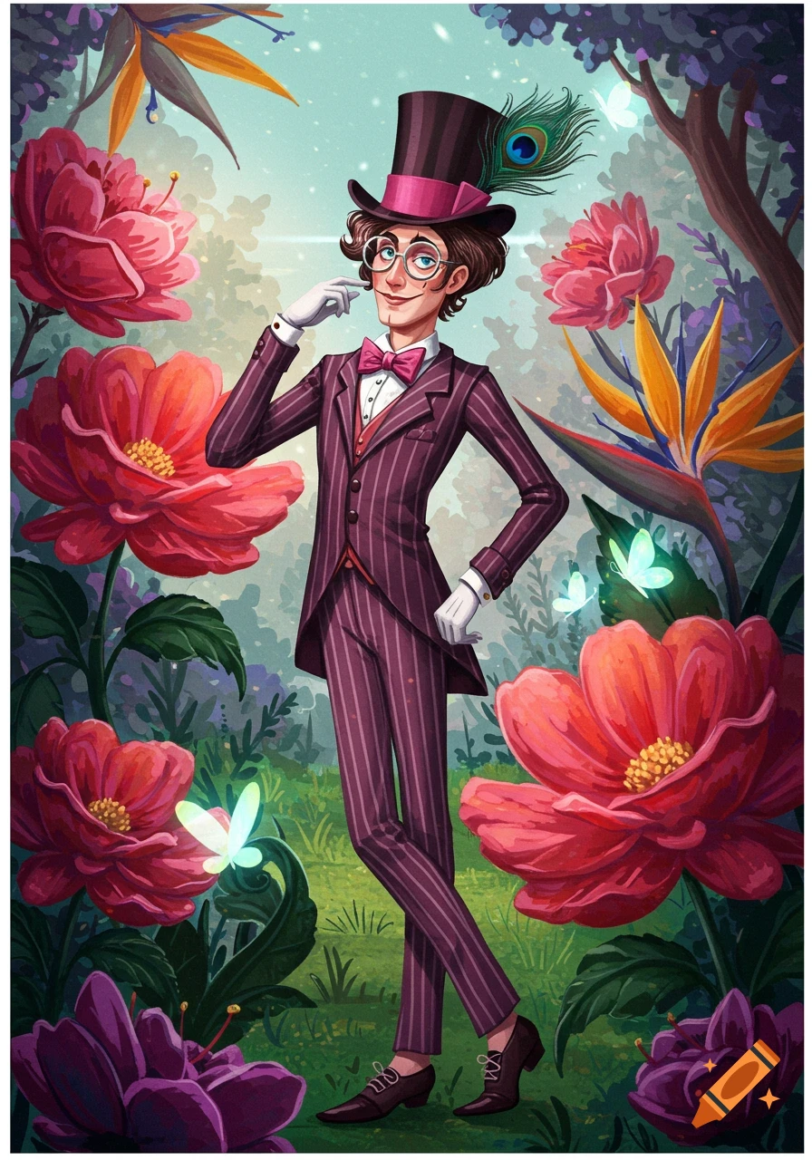 A dapper man in a striped purple suit, top hat, and round glasses stands in a whimsical garden with large red flowers and glowing butterflies.
