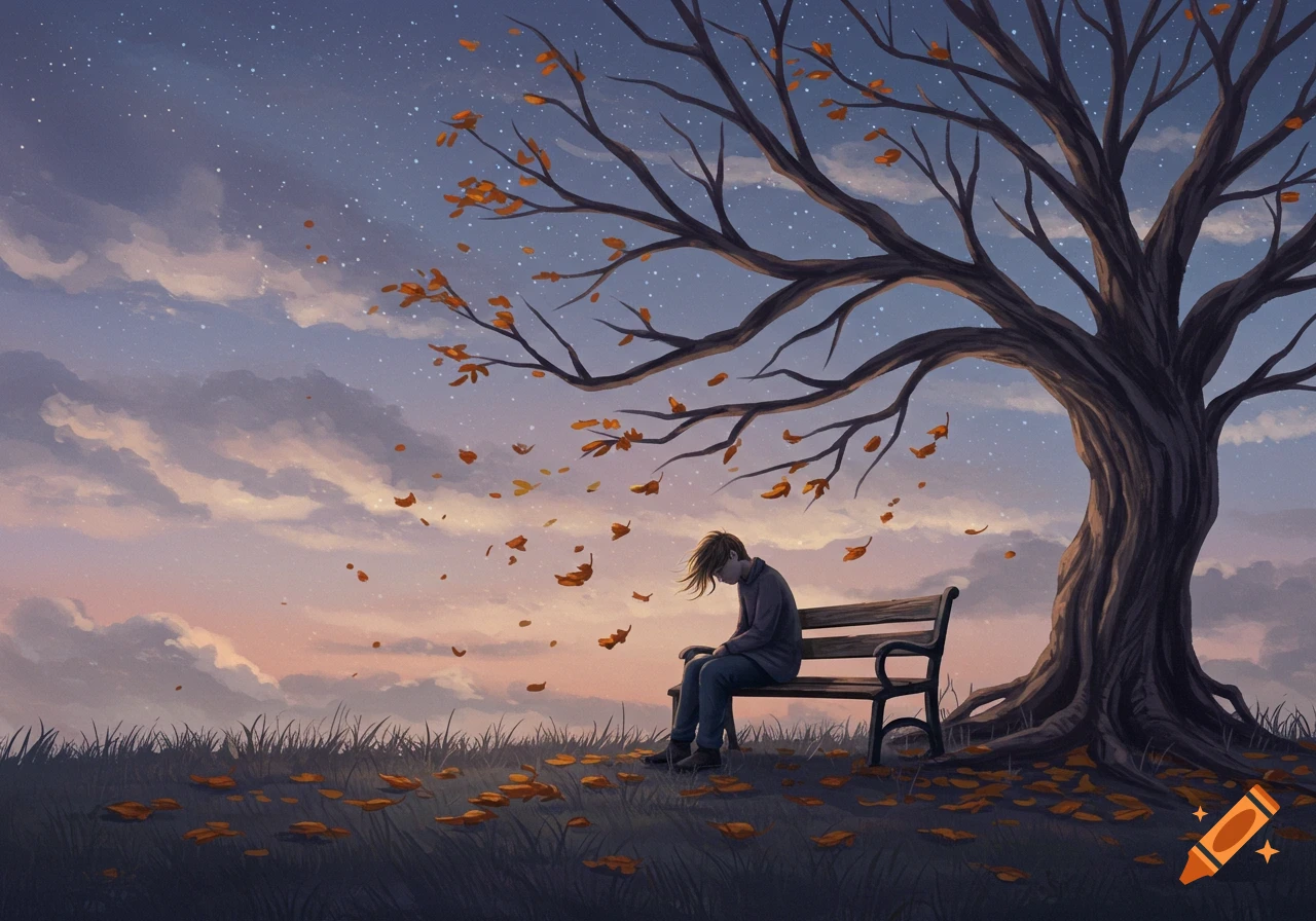 An illustration of a person sitting alone on a park bench under a large, bare tree with falling autumn leaves, under a starlit dusk sky.