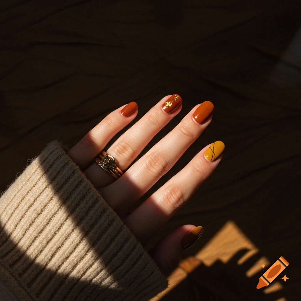 A hand with minimalist autumn nail art featuring orange, yellow, and gold leaf polish, wearing a ring and a beige sweater, in sunlight.