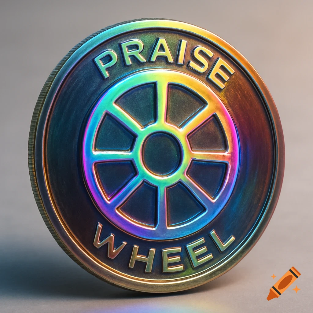 A close-up of an iridescent, holographic crypto coin with the words 'PRAISE WHEEL' embossed on it.