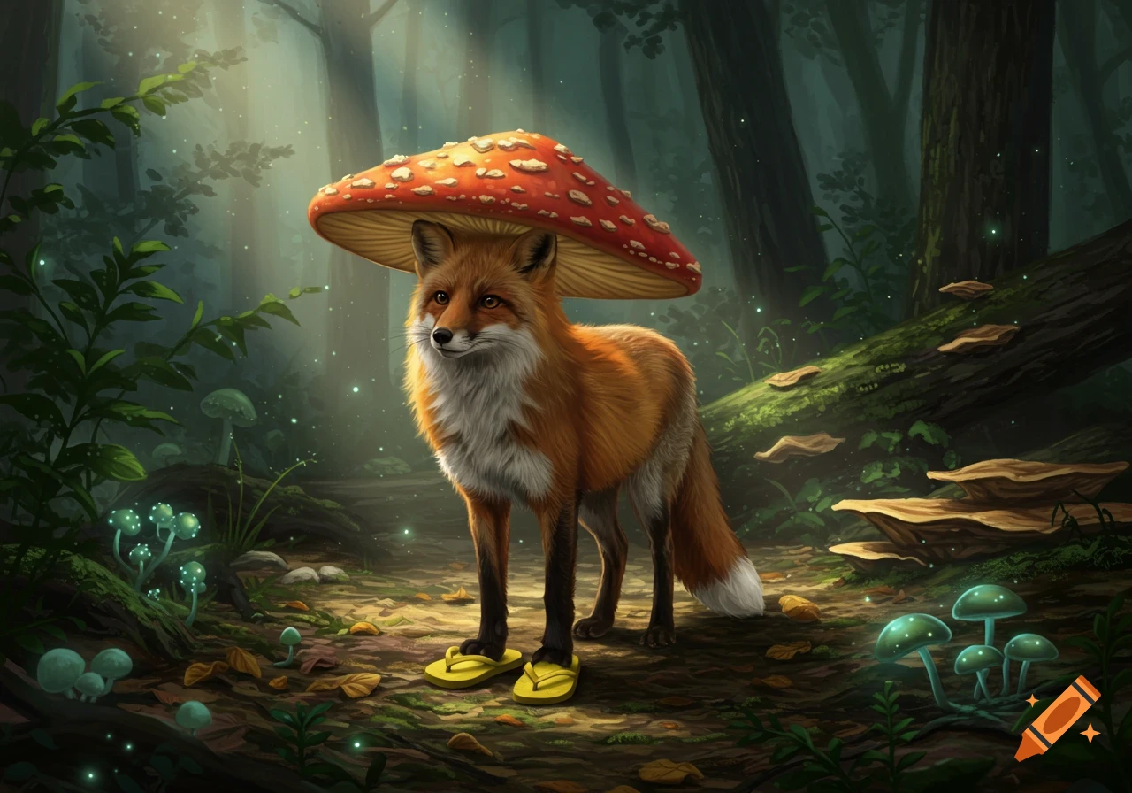 A whimsical fox with a mushroom cap hat and yellow flip-flops stands in an enchanted forest with glowing mushrooms.