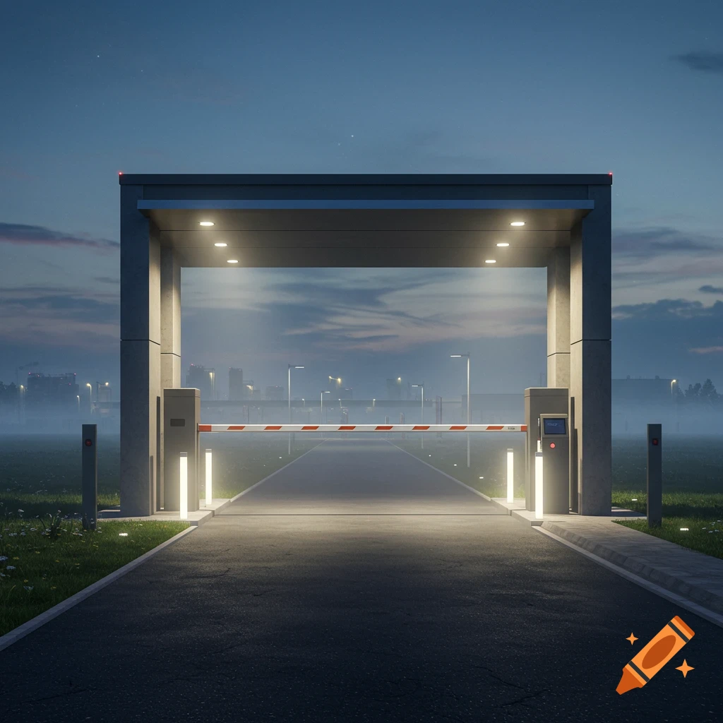 Photorealistic image of a modern automatic gate barrier across a paved road at dusk, with streetlights and misty buildings in the background.