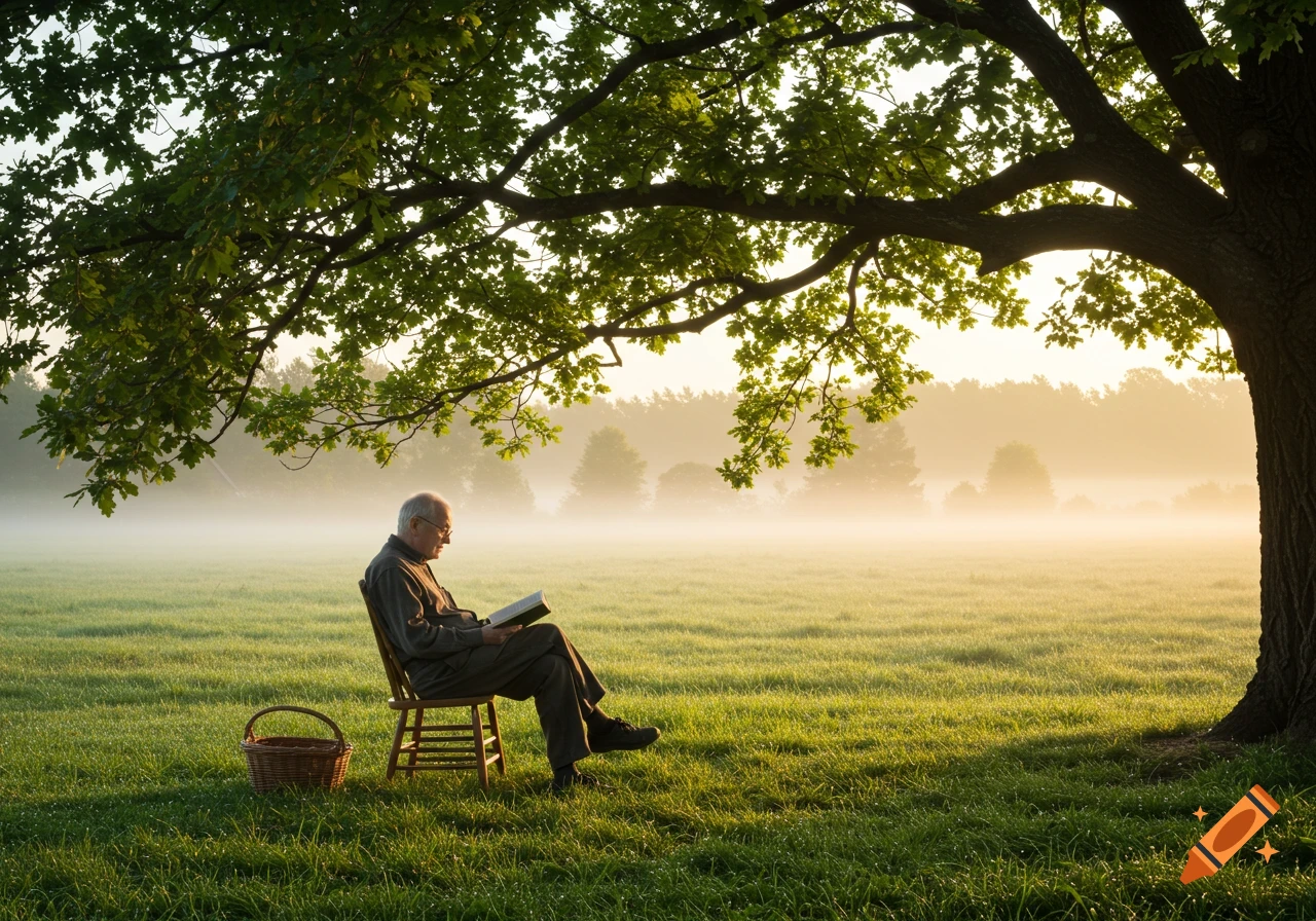 An old man reads under a large tree in a misty, sunlit field, with a basket nearby, photorealistic.
