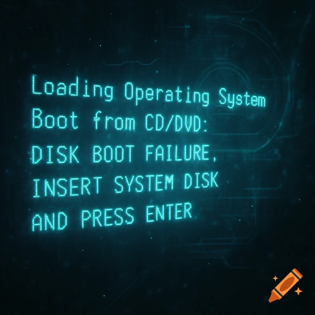 Retro computer screen showing a 'DISK BOOT FAILURE' error message in pixelated cyan text.