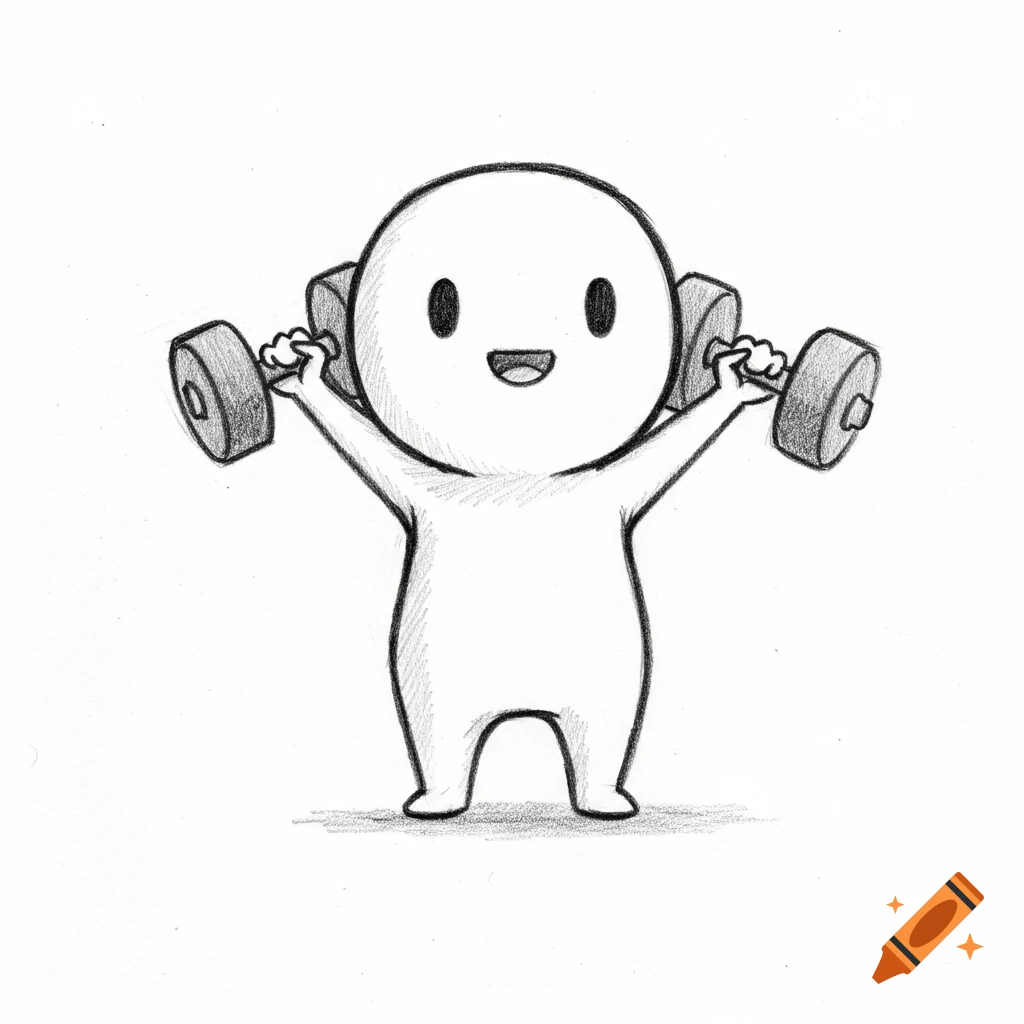 A smiling cartoon character drawn in black pencil lifting dumbbells above its head on a white background.