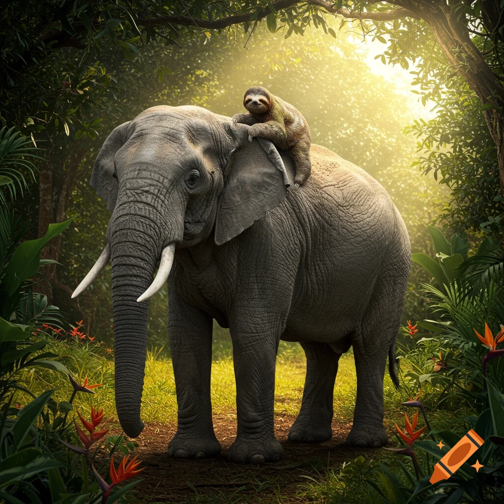 Photorealistic image of a sloth riding on the back of an African bull elephant in a sun-dappled, lush jungle.