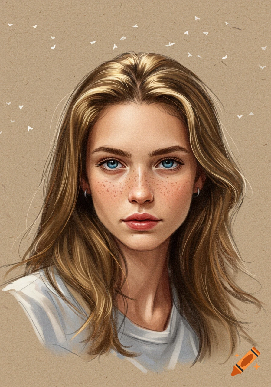 Illustration of a young woman with long blonde hair, blue eyes, and freckles, wearing a white shirt on a beige background.