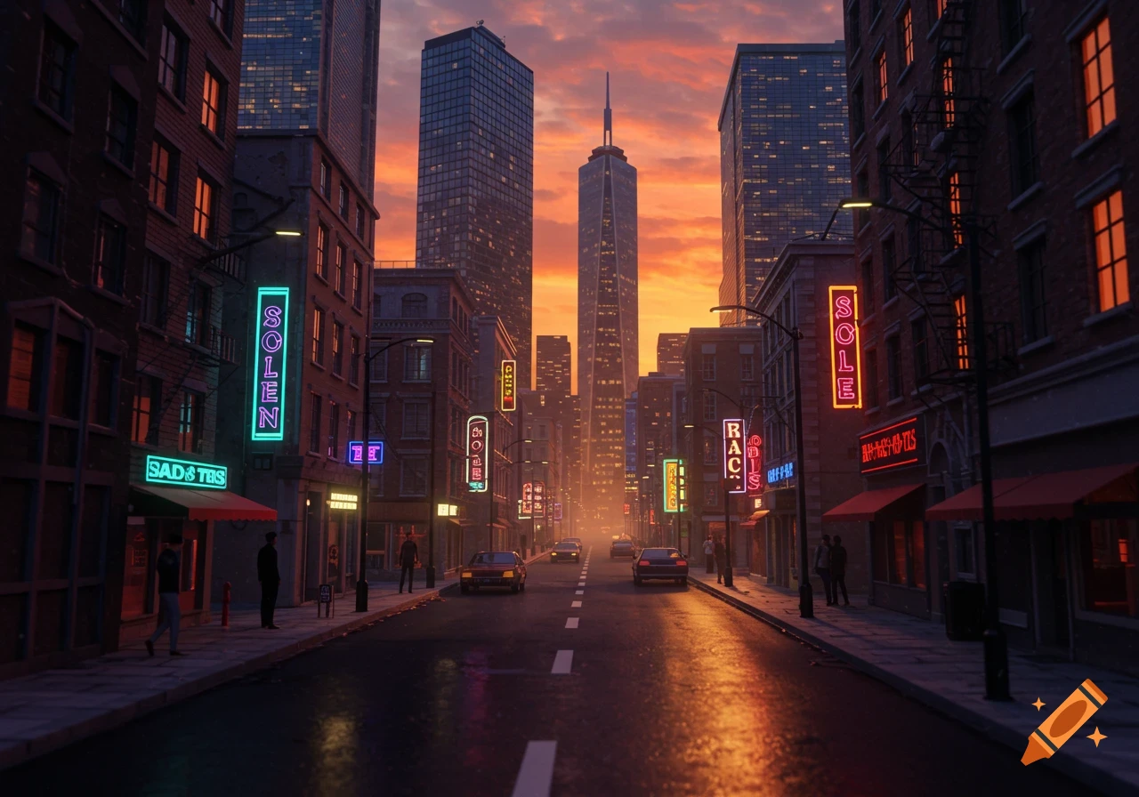 A vibrant cityscape at sunset with neon signs on buildings lining a wet street, with tall skyscrapers in the background.