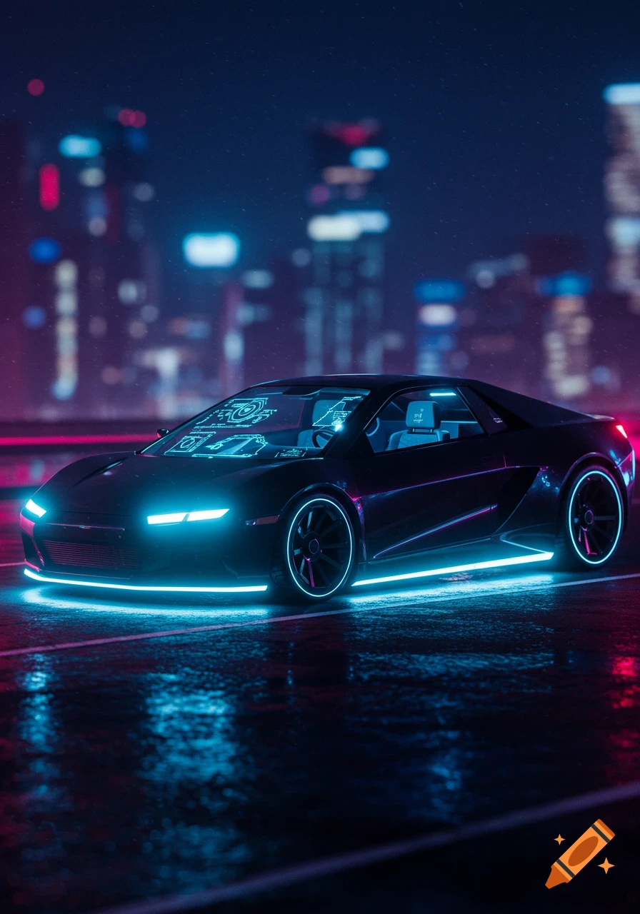A sleek, black futuristic sports car with vibrant blue neon underglow and headlights, parked on a wet city street at night with glowing bokeh lights in the background. The car's windshield displays luminous blue UI elements.
