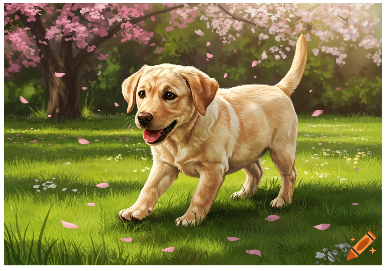 A happy golden Labrador puppy walks through a sunny park with falling pink cherry blossoms, in a painterly style.