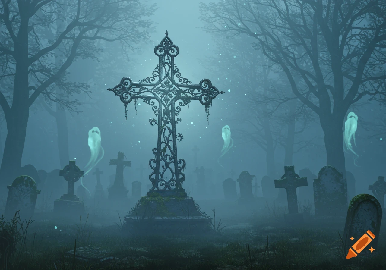 An ornate iron cross glows in a foggy, eerie graveyard with bare trees and ethereal ghosts in a gothic fantasy style.