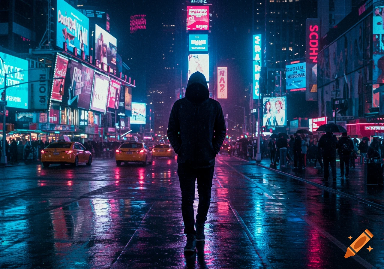 Person in black hoodie walks on a wet city street at night, surrounded by vibrant blue and pink neon billboards and yellow taxis.