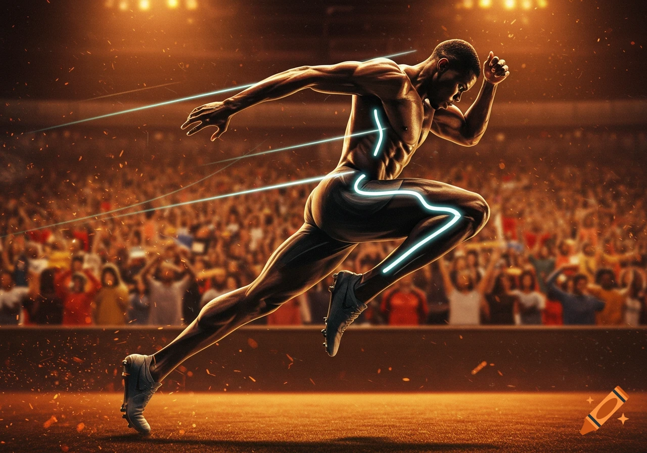A muscular athlete in mid-stride on a running track, with glowing lines highlighting their body, against a blurred stadium crowd.