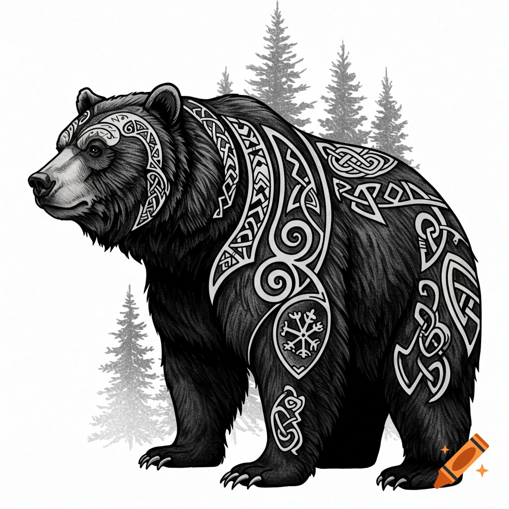A black bear in profile, adorned with intricate white Scandinavian knotwork patterns, against a subtle forest background.