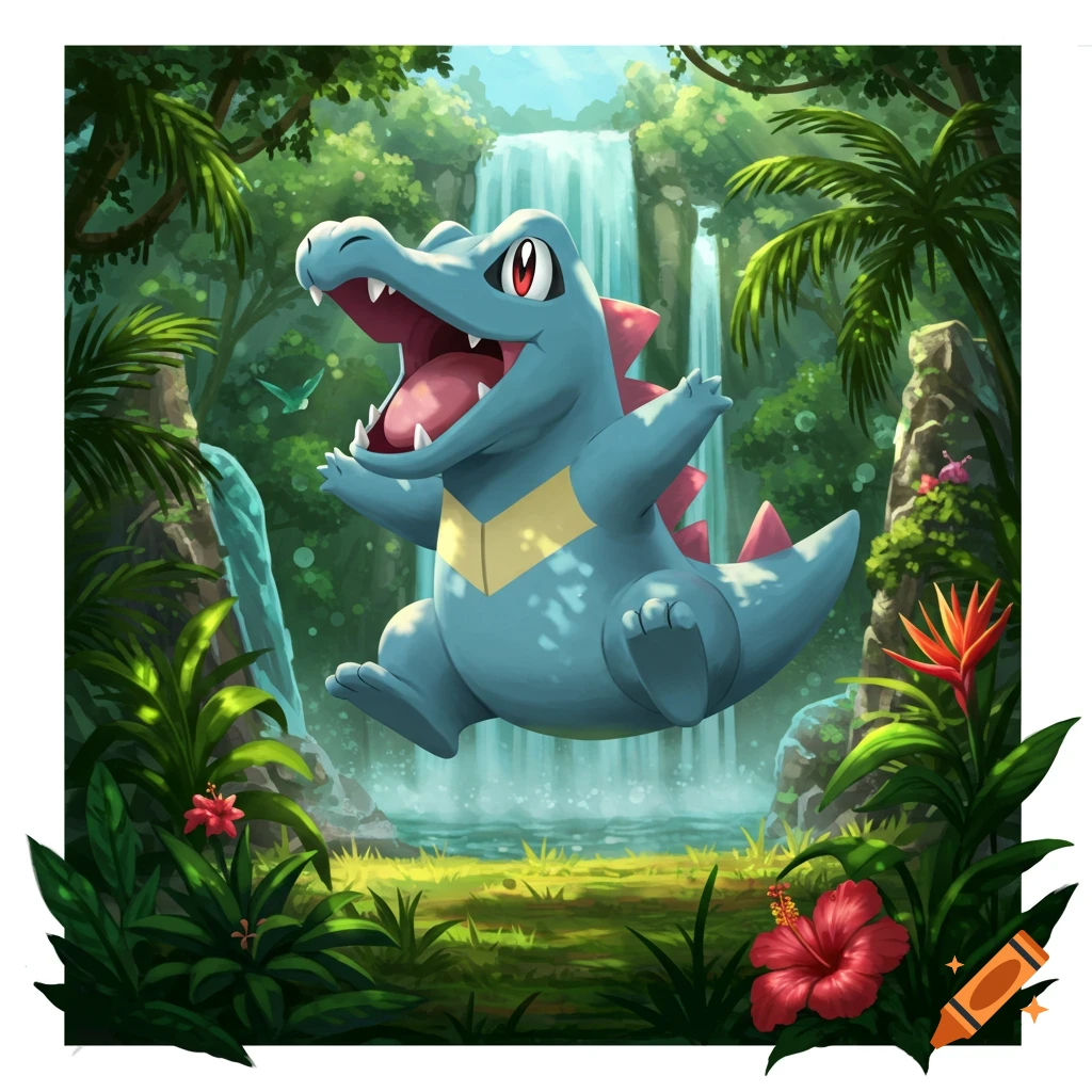 A cute blue Totodile Pokémon jumps excitedly in a lush jungle with a large waterfall and tropical flowers.