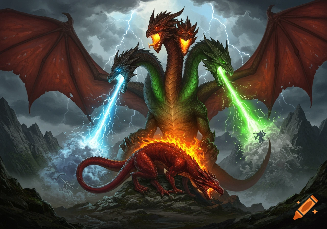 A massive five-headed dragon, Tiamat, with blue, green, and red heads, unleashes lightning, poison, and fire on a smaller red dragon amidst a stormy, mountainous landscape.