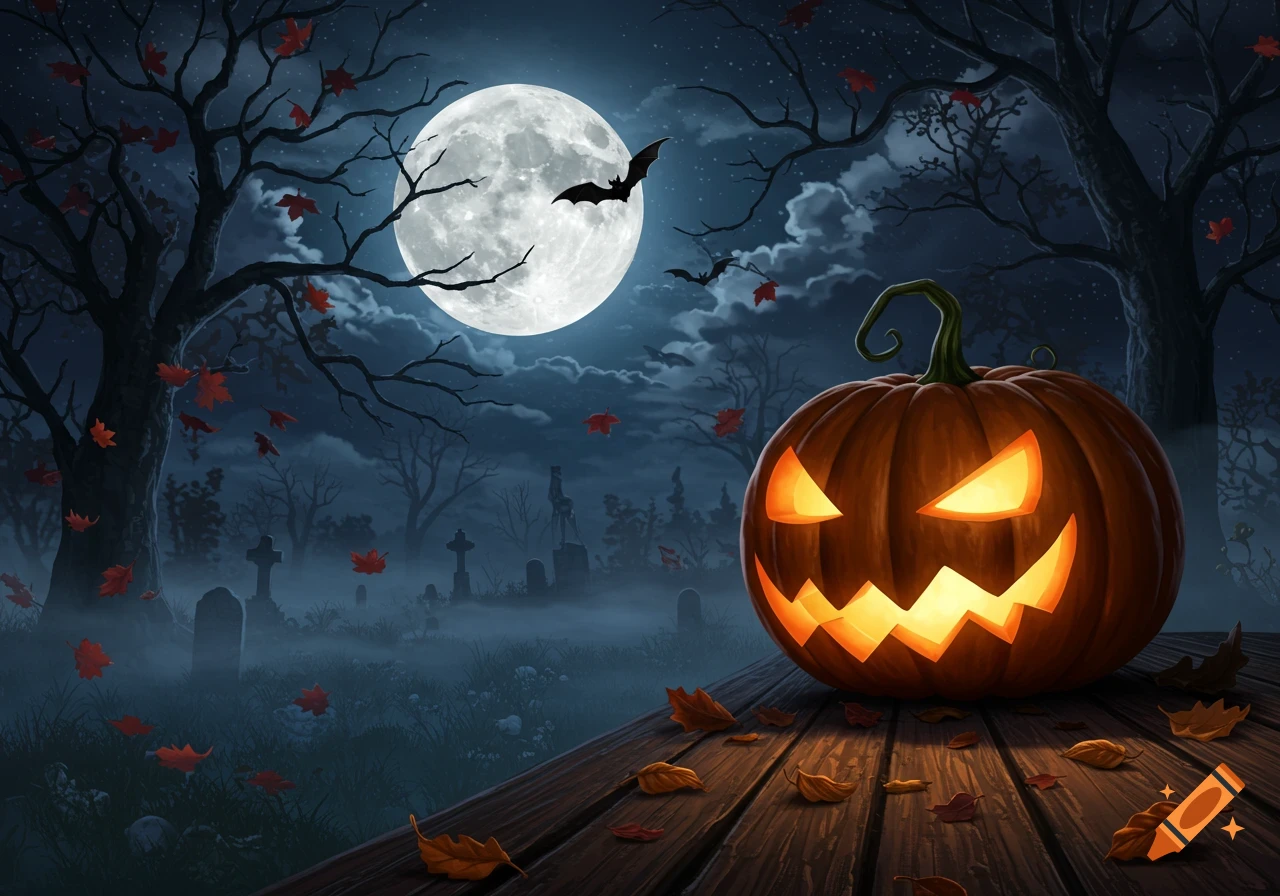A glowing jack-o'-lantern on a wooden surface in a spooky graveyard under a full moon with bats and falling leaves.