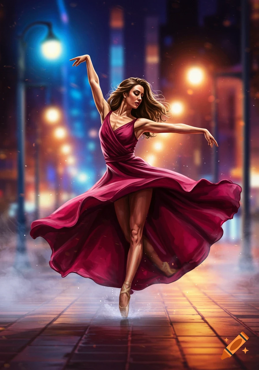 Expressive illustration of a female dancer in a flowing red dress on a wet city street at night.